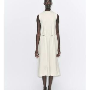 Zara Sleeveless Midi dress w/ band collar & metallic detail at waist. NWT SZ S